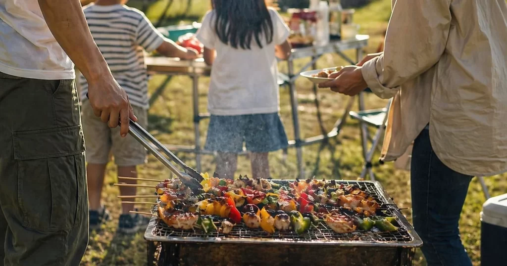 家族でバーベキューを楽しむ様子｜子どもと一緒にスタンダード型コンロで串焼きを焼く