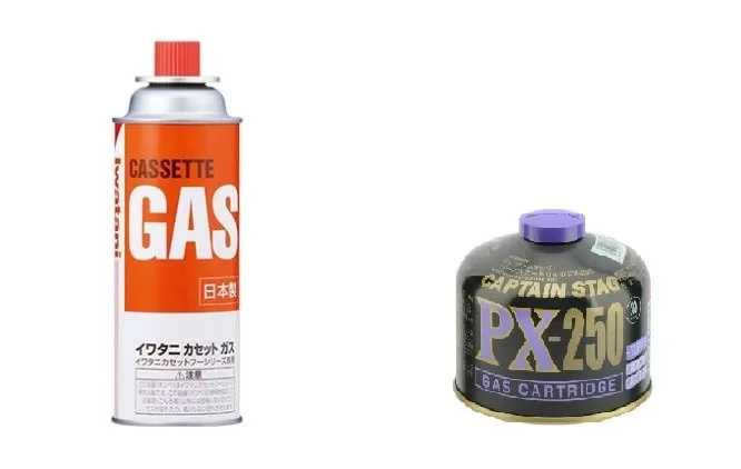 CB缶(イワタニカセットガス)とOD缶(キャプテンスタッグPX-250)の比較。左がCB缶、右がOD缶
