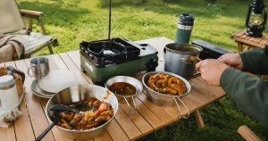 デイキャンプでカセットコンロを使って料理をしているシーン。木製テーブルにタフまるを置き、カレーや炒め物をシェラカップに盛り付けている