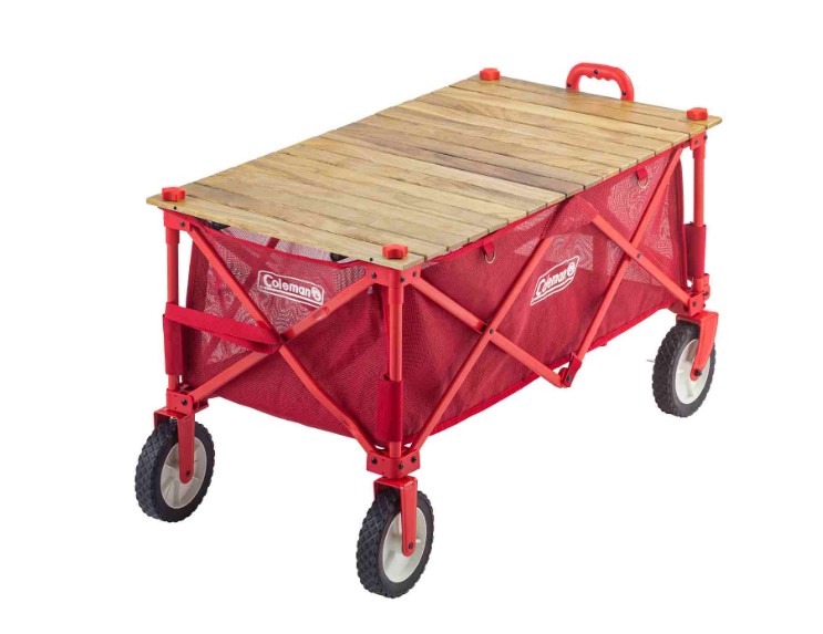 コールマン アウトドアワゴンに天板を載せたテーブル使用イメージ