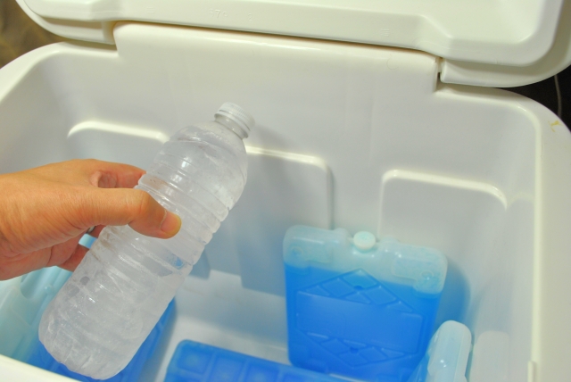 クーラーボックスに2Lペットボトルと保冷剤を入れている様子。
４人家族のデイキャンプで使いやすい30〜40QTサイズ（約28〜38L）の容量イメージを表した写真。
