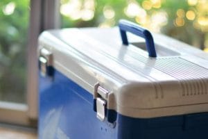 夏の日差しの中に置かれた青いクーラーボックス。家族キャンプやデイキャンプで使う定番アイテムとして、保冷力や容量選びの重要性をイメージした写真。