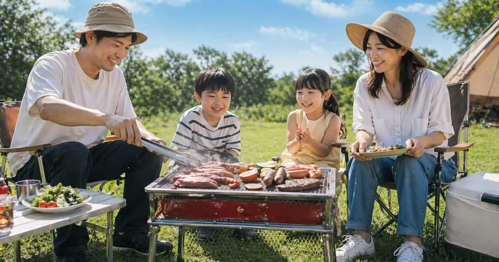 コールマン クールスパイダーステンレスグリルで家族4人がバーベキューを楽しむ様子