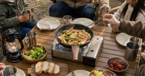 イワタニ カセットフーBO＋でファミリーキャンプの料理を楽しむ家族