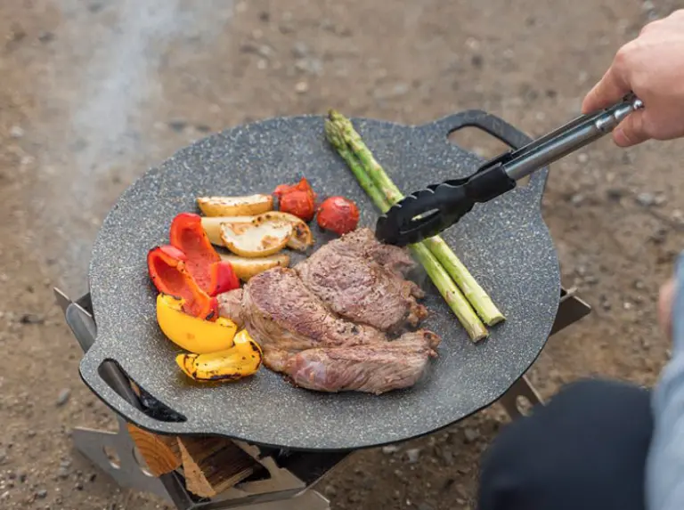 焚き火の上でマルチグリドルにステーキと野菜を焼いているシーン