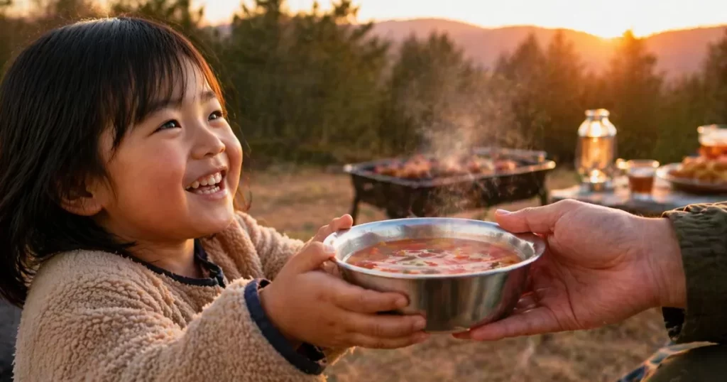 熱くならない食器｜子供がステンレスボウルを笑顔で受け取るバーベキューシーン