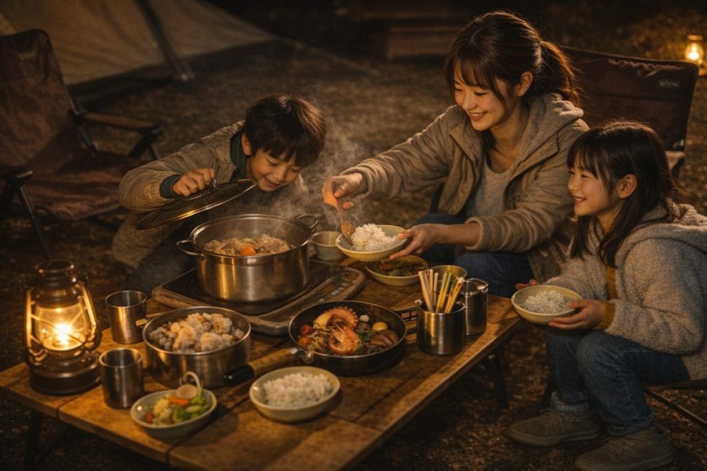 木製ラックに並べられたキャンプ用クッカーセットの写真。自然の中で料理を楽しむアウトドアの雰囲気が伝わる一枚。