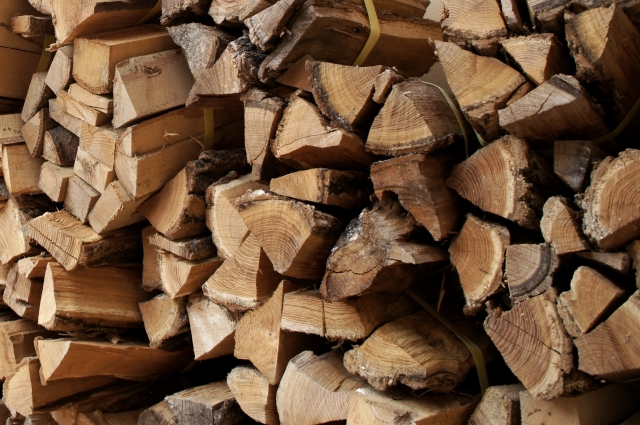 キャンプで使用するために積み上げられた薪の山