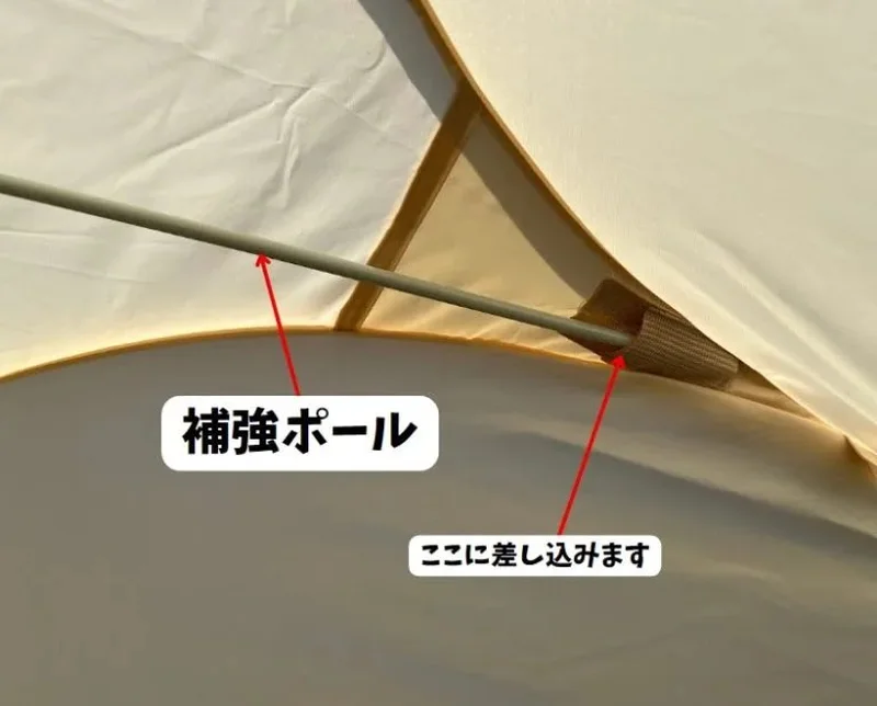 ポップアップリビング内部の補強ポールの差し込み箇所説明