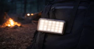ルーメナー２をバッグにクリップして夜のキャンプサイトで使用しているイメージ